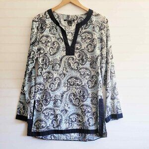 Lucky Brand Top Womens XS Blue Paisley Tunic Cotton Long Sleeve